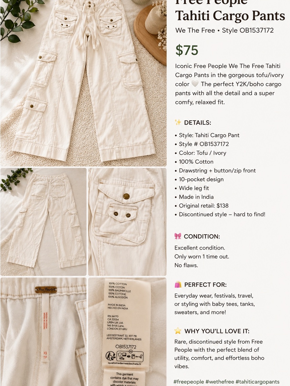 Free People Cargo Shorts in Tofu/Ivory